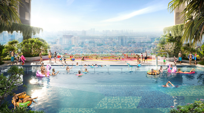 Hồ bơi sky pool tại tầng 5 của dự &aacute;n Moonlight Centre Point mang lại nhiều trải nghiệm mới lạ cho cư d&acirc;n. Ảnh Hưng Thịnh Land